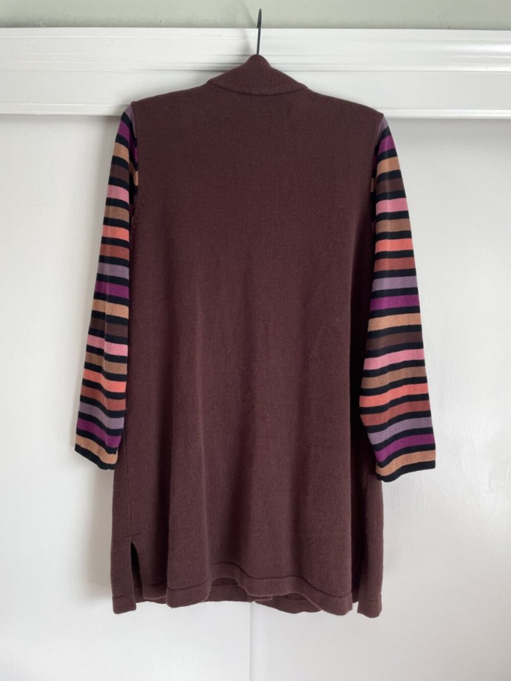 Bob Mackie Vintage Button Front Tall Long Cardigan Sweater L Brown Stripe Duster - Picture 3 of 10